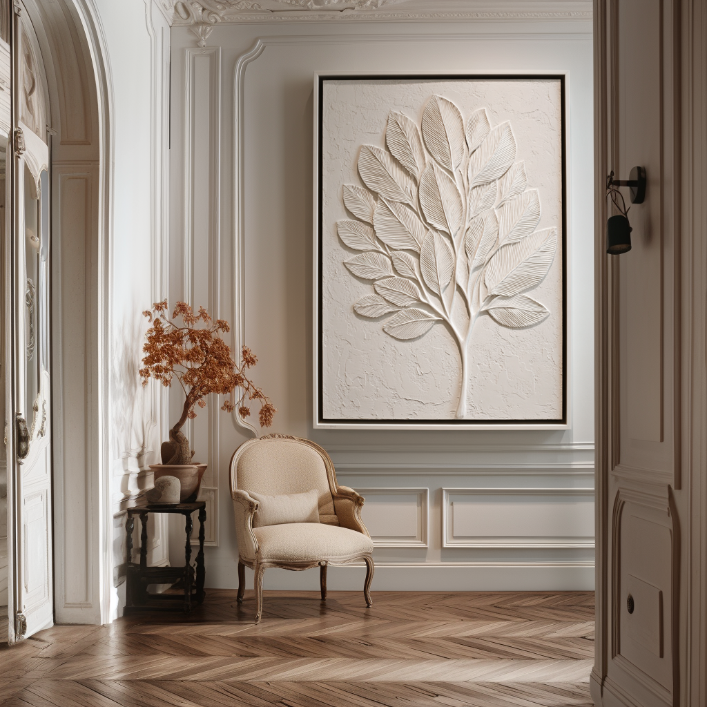 Abstract textured white tree art with sculpted leaves in minimalist design.