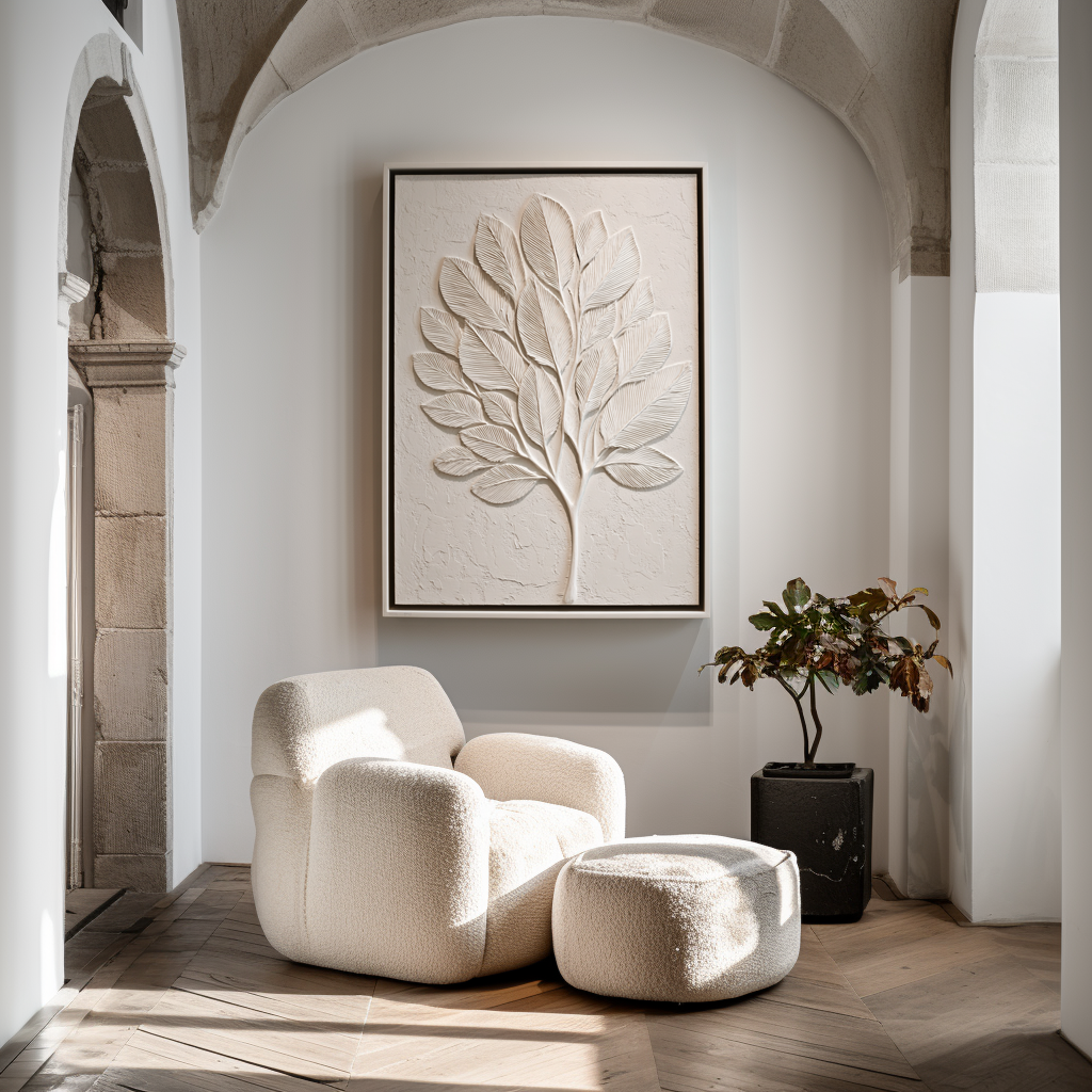 Abstract textured white tree art with sculpted leaves in minimalist design.