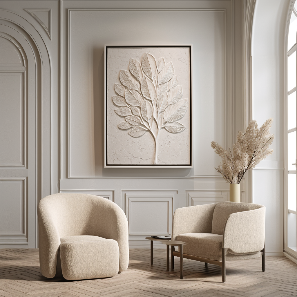 Abstract textured white tree art with sculpted leaves in minimalist design.