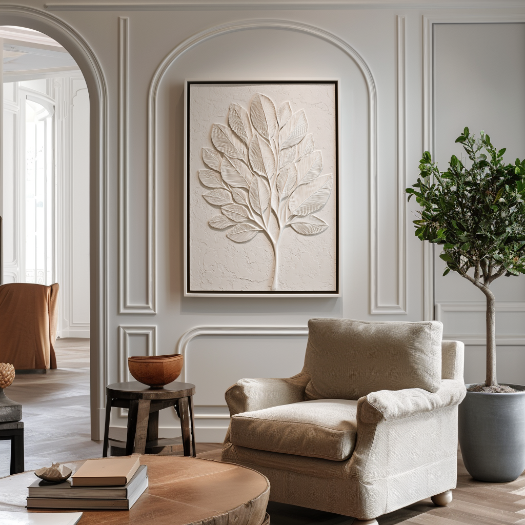 Abstract textured white tree art with sculpted leaves in minimalist design.