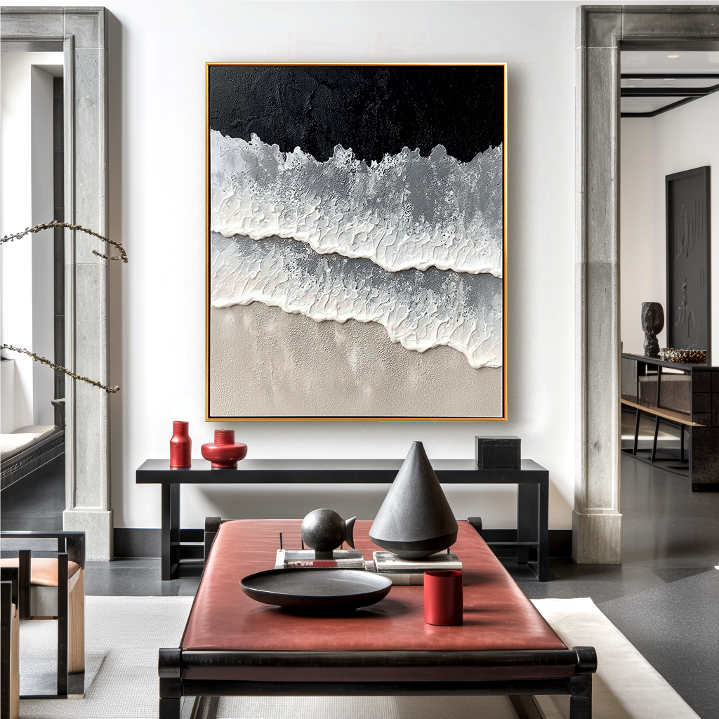 Abstract textured waves with black, gray, and white tones in minimalist design.