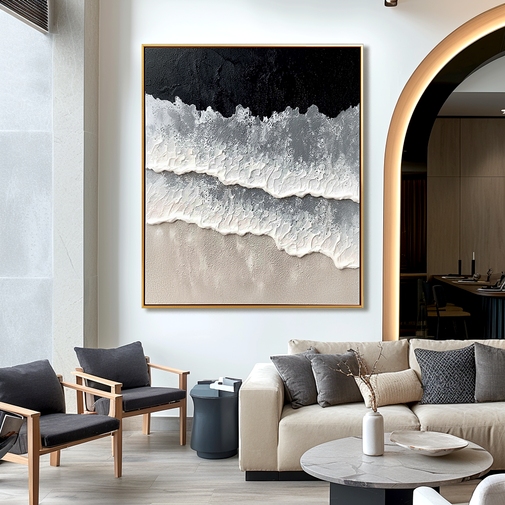 Abstract textured waves with black, gray, and white tones in minimalist design.