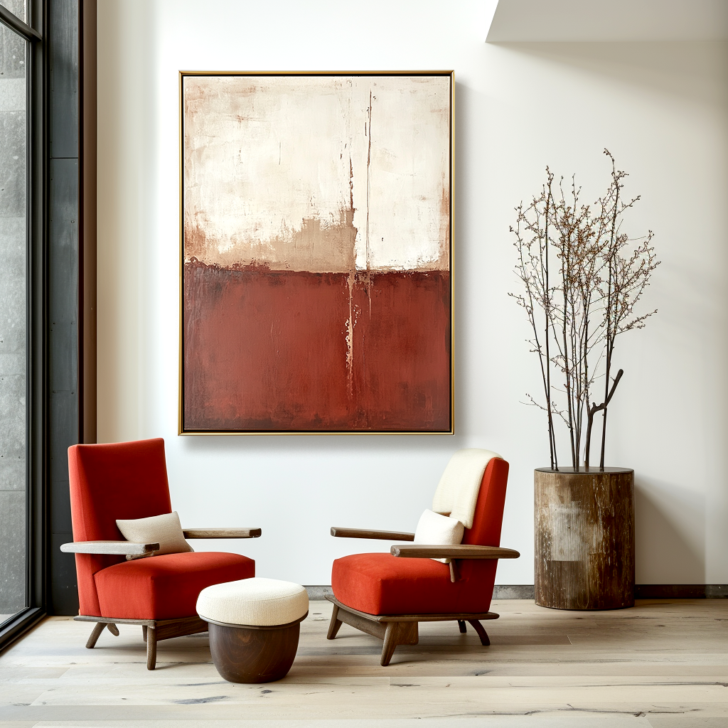 Abstract minimalist painting with red and white tones and subtle texture.