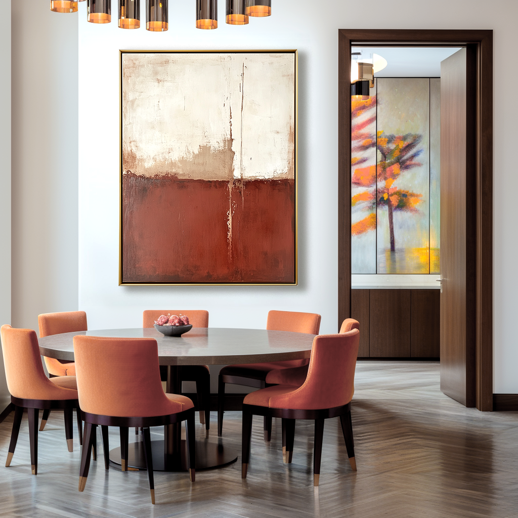 Abstract minimalist painting with red and white tones and subtle texture.