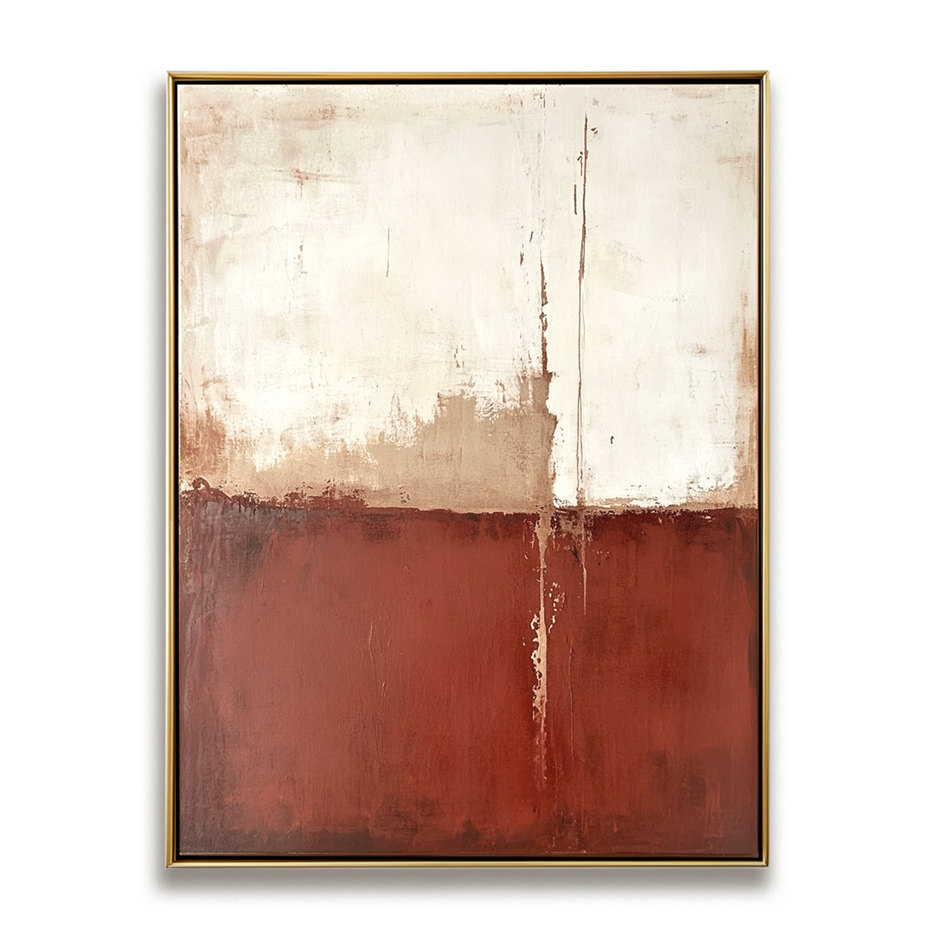 Abstract minimalist painting with red and white tones and subtle texture.