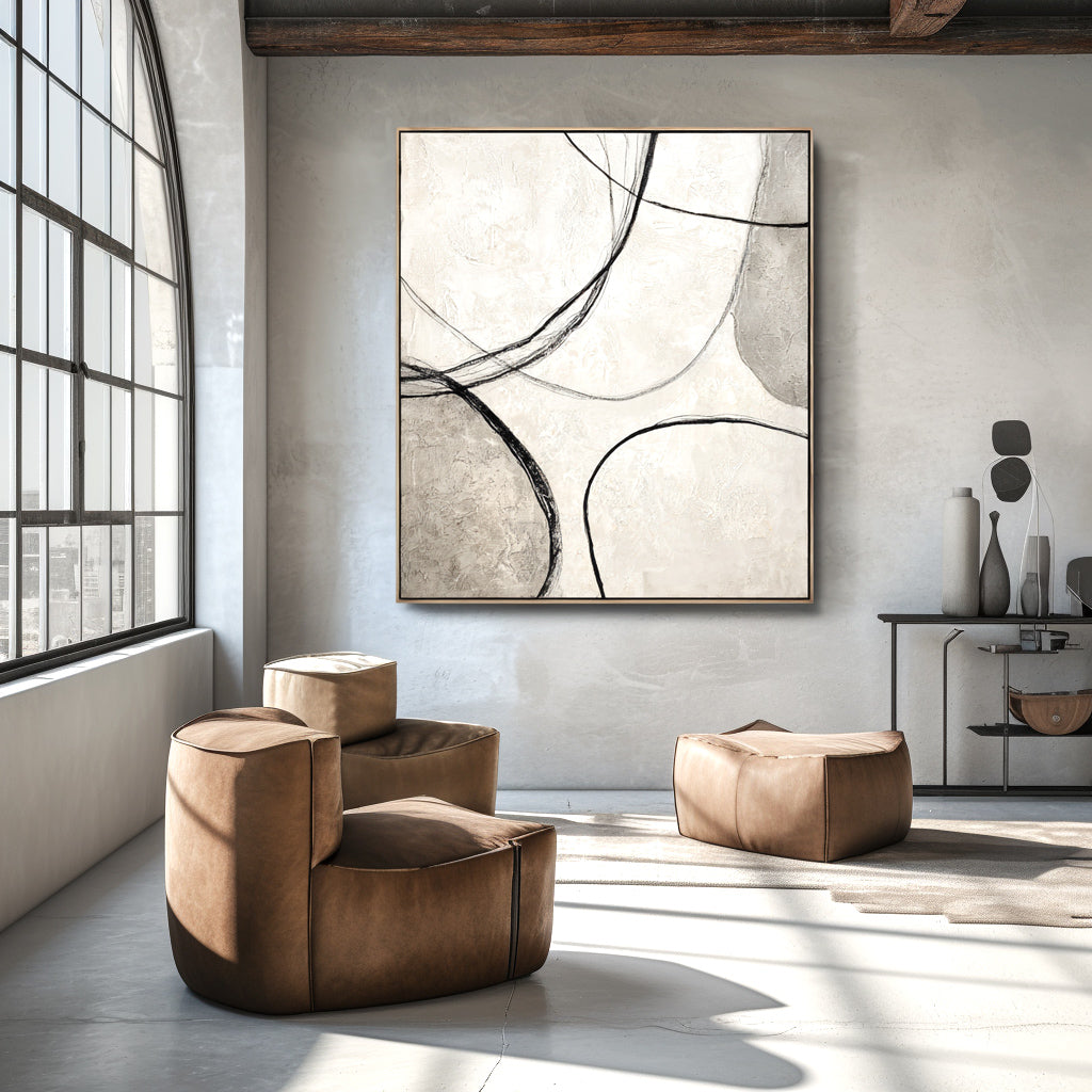 Abstract geometric lines in black and white with a textured minimalist design.