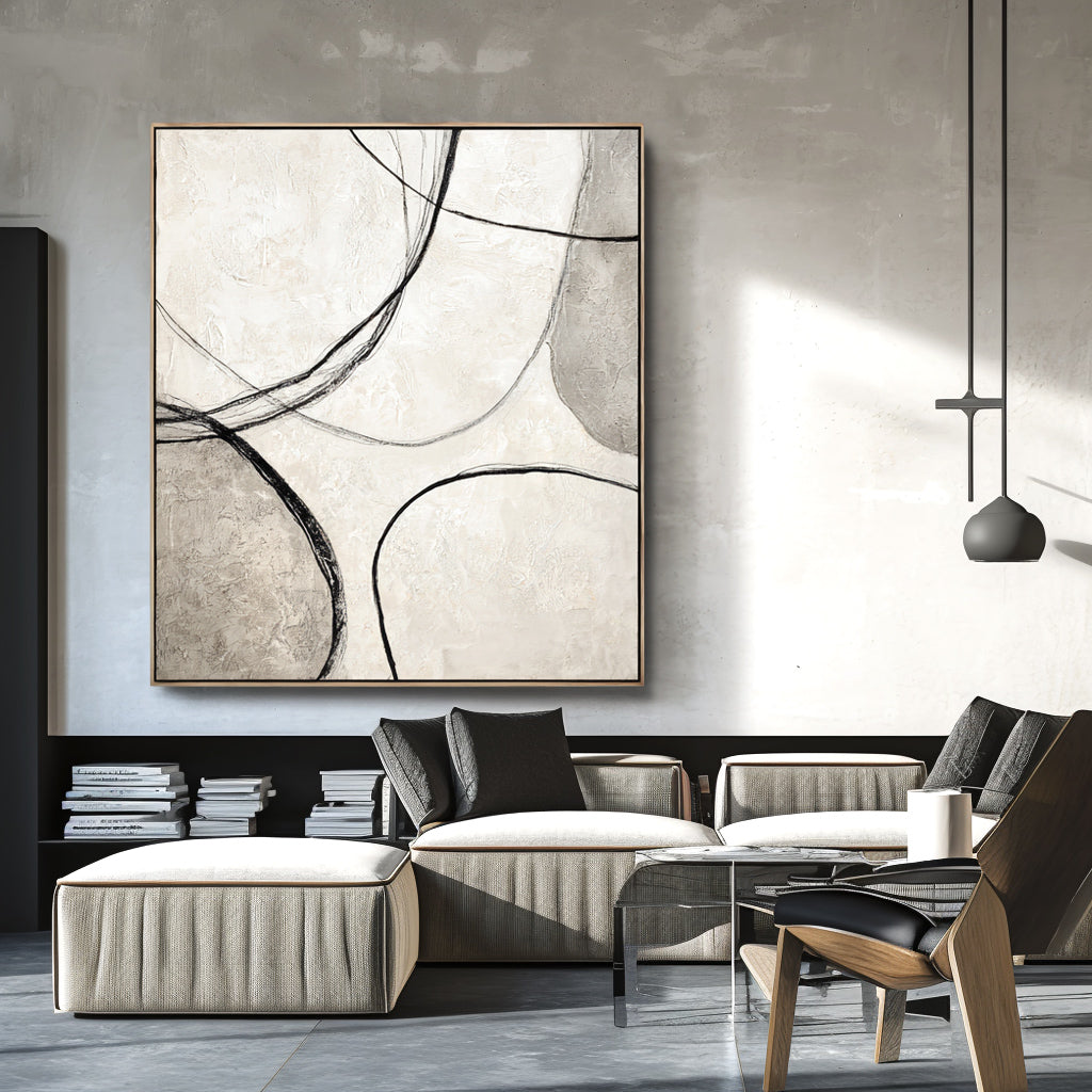 Abstract geometric lines in black and white with a textured minimalist design.