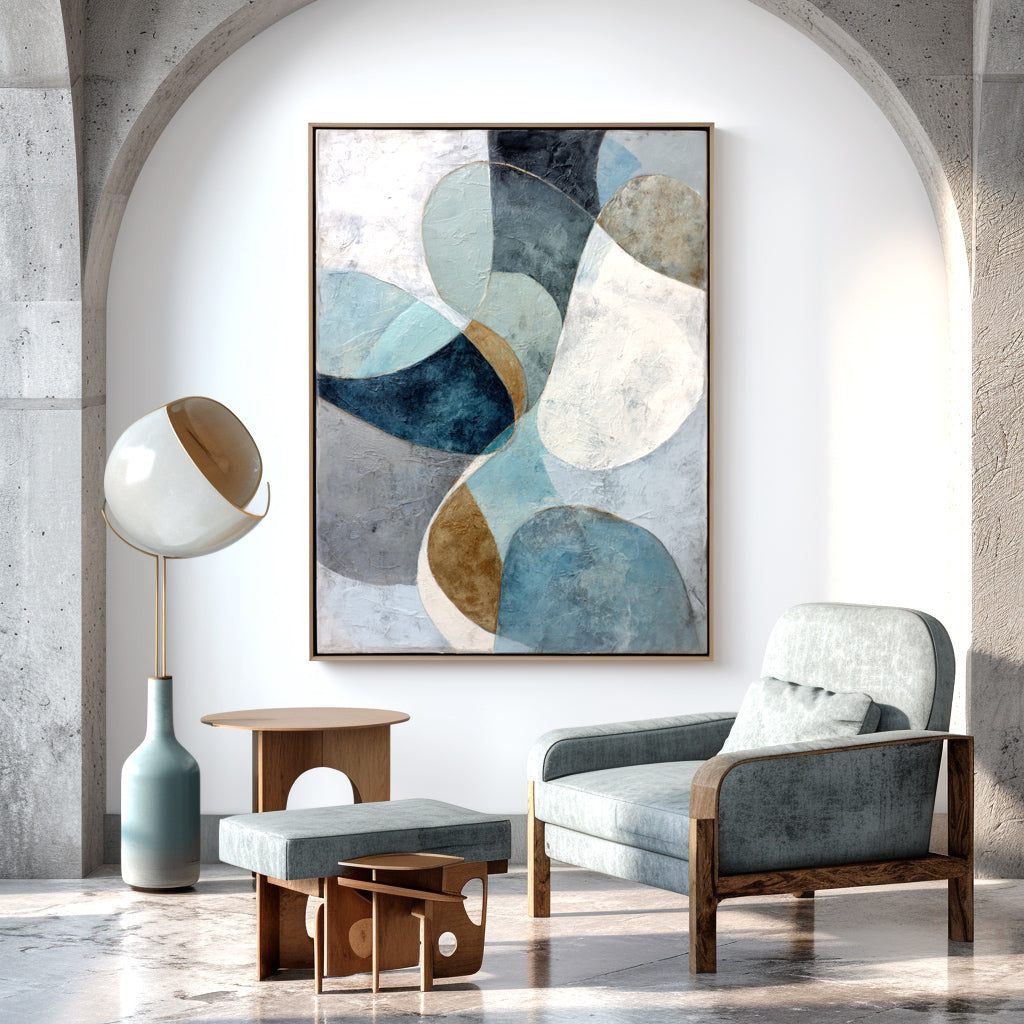 Abstract geometric artwork in soft blue, gray, and neutral tones with organic shapes.