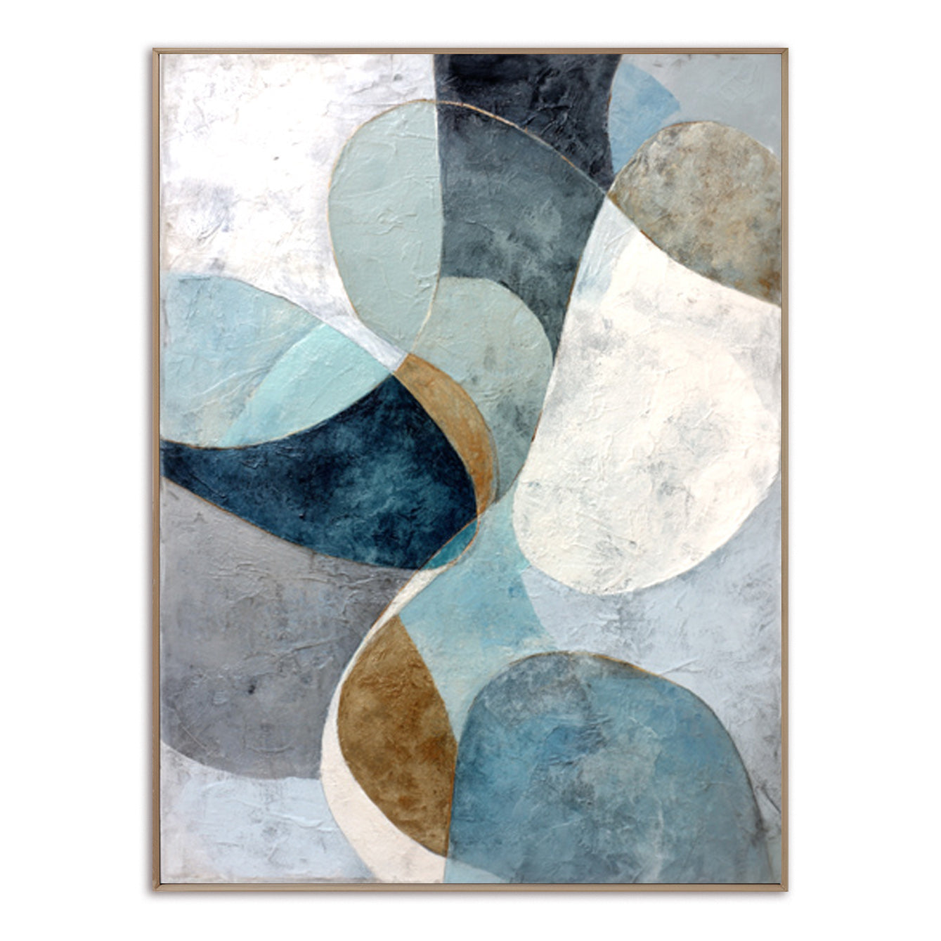 Abstract geometric artwork in soft blue, gray, and neutral tones with organic shapes.