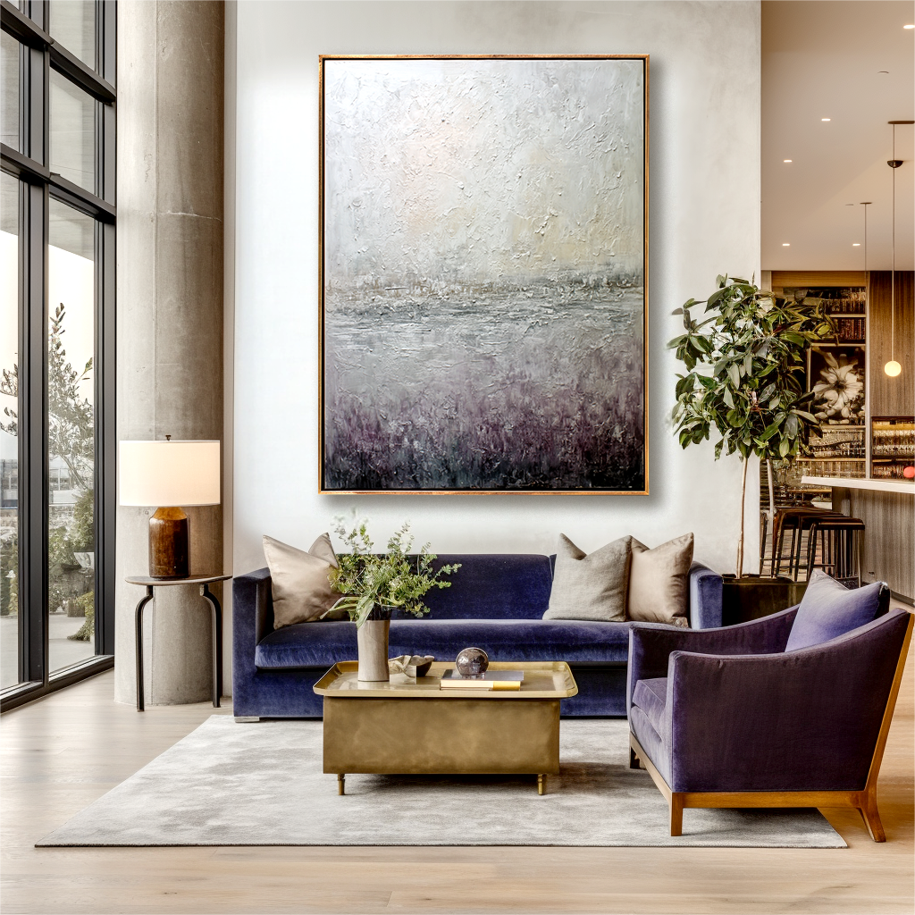 Abstract landscape painting with soft, textured light and dark tones, creating a serene atmosphere.