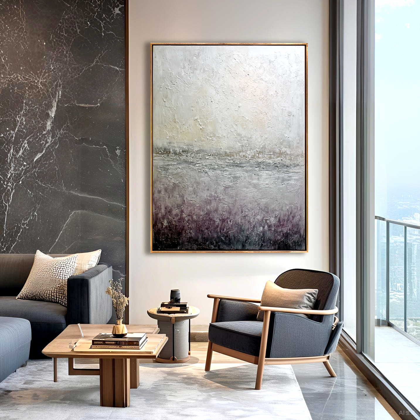 Abstract landscape painting with soft, textured light and dark tones, creating a serene atmosphere.