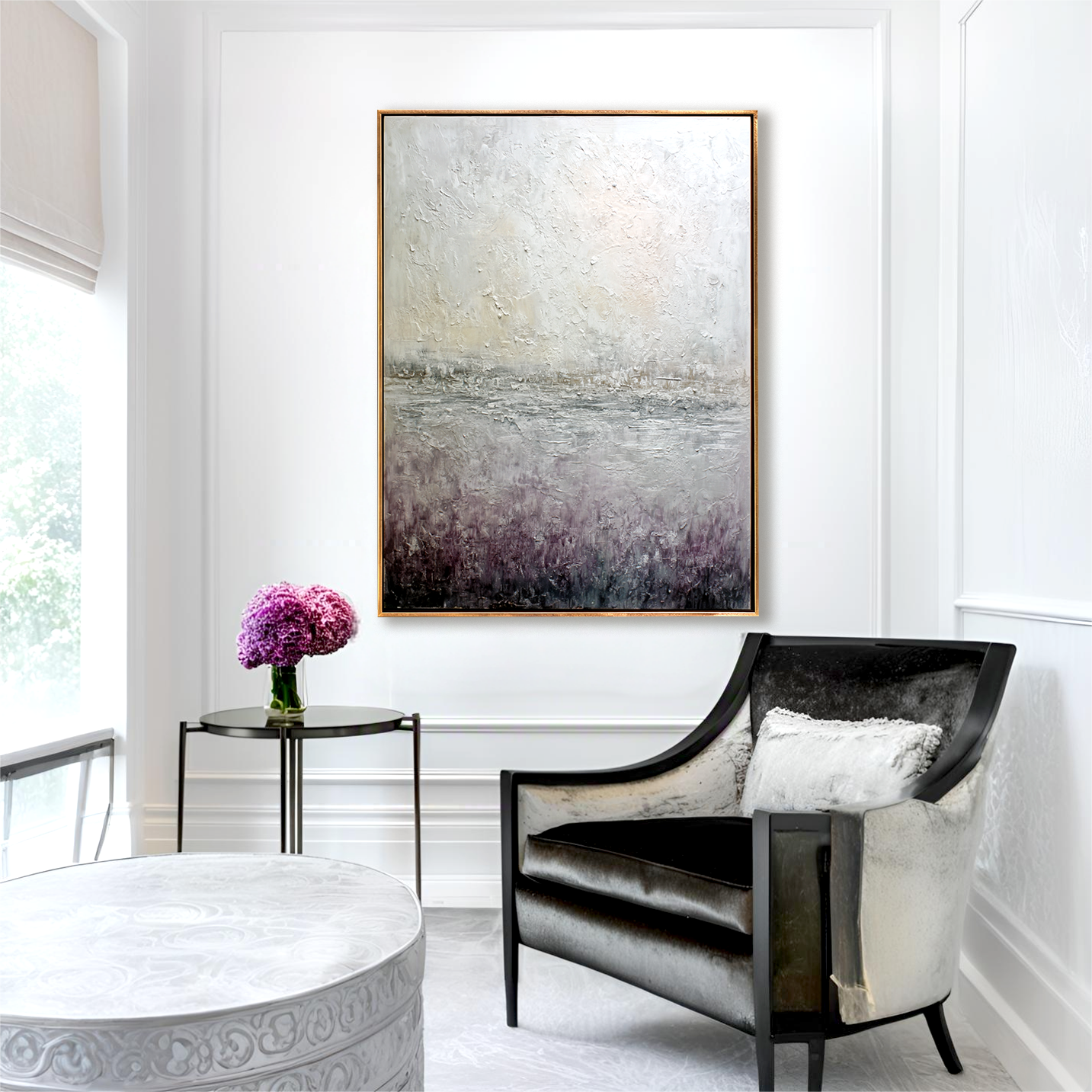 Abstract landscape painting with soft, textured light and dark tones, creating a serene atmosphere.