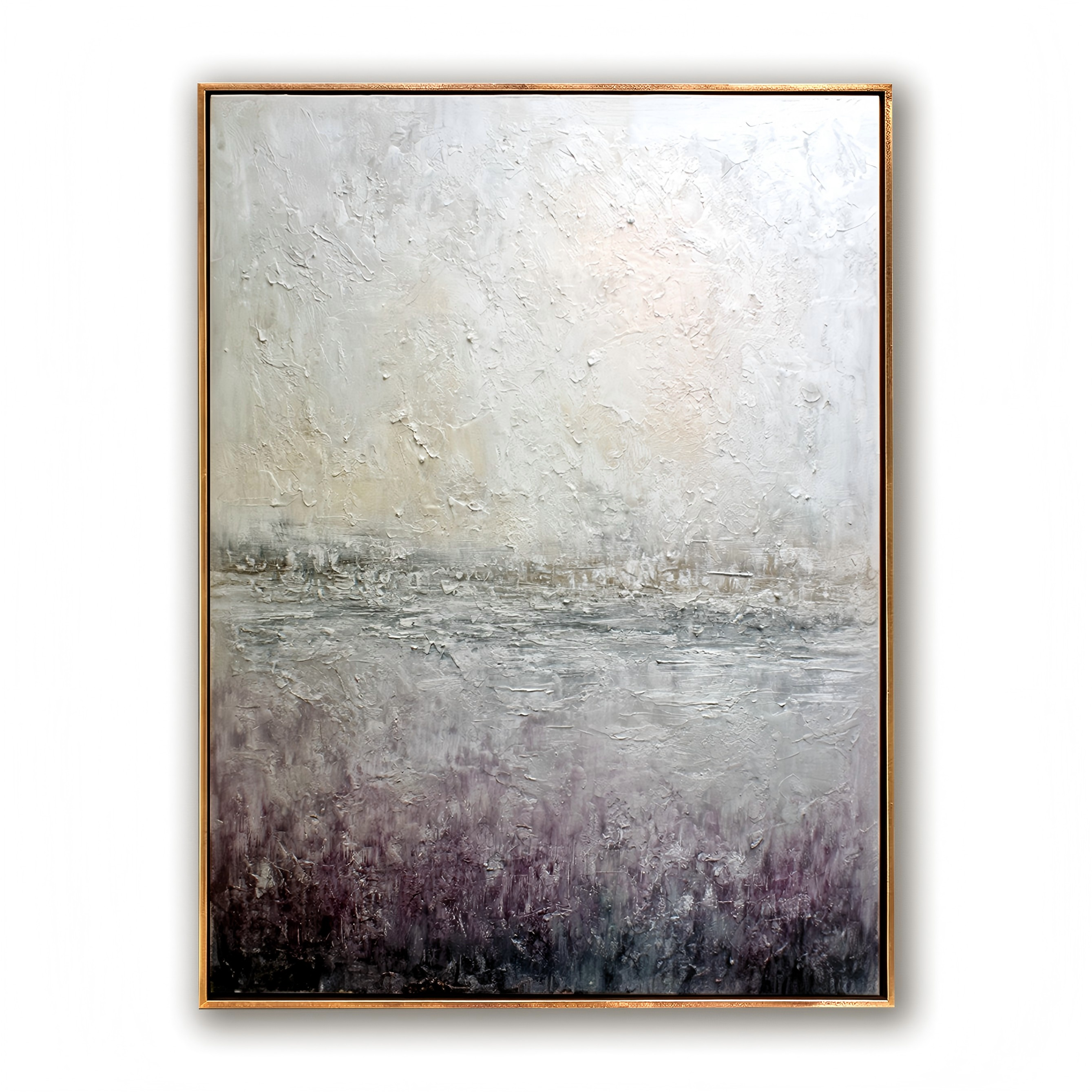 Abstract landscape painting with soft, textured light and dark tones, creating a serene atmosphere.