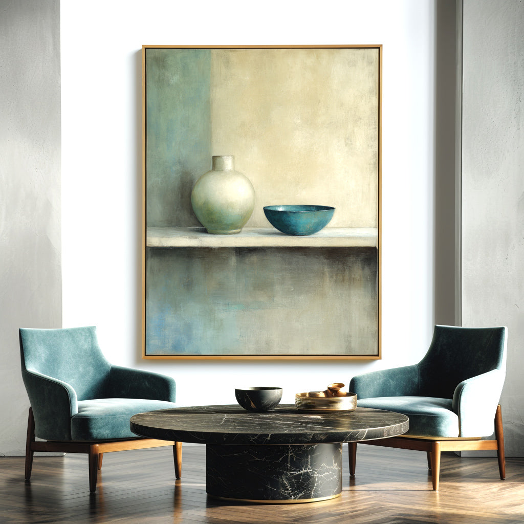 Minimalist still life painting featuring a green vase and blue bowl with soft background tones.