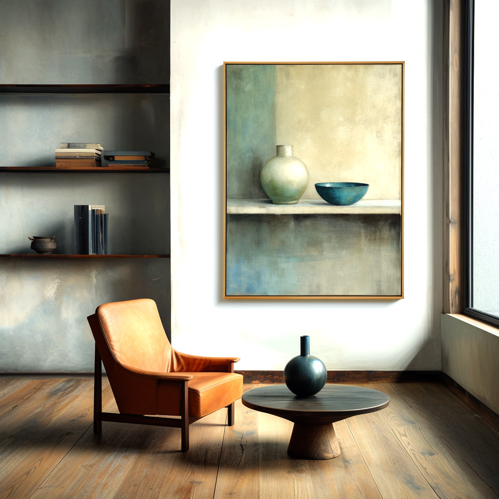 Minimalist still life painting featuring a green vase and blue bowl with soft background tones.