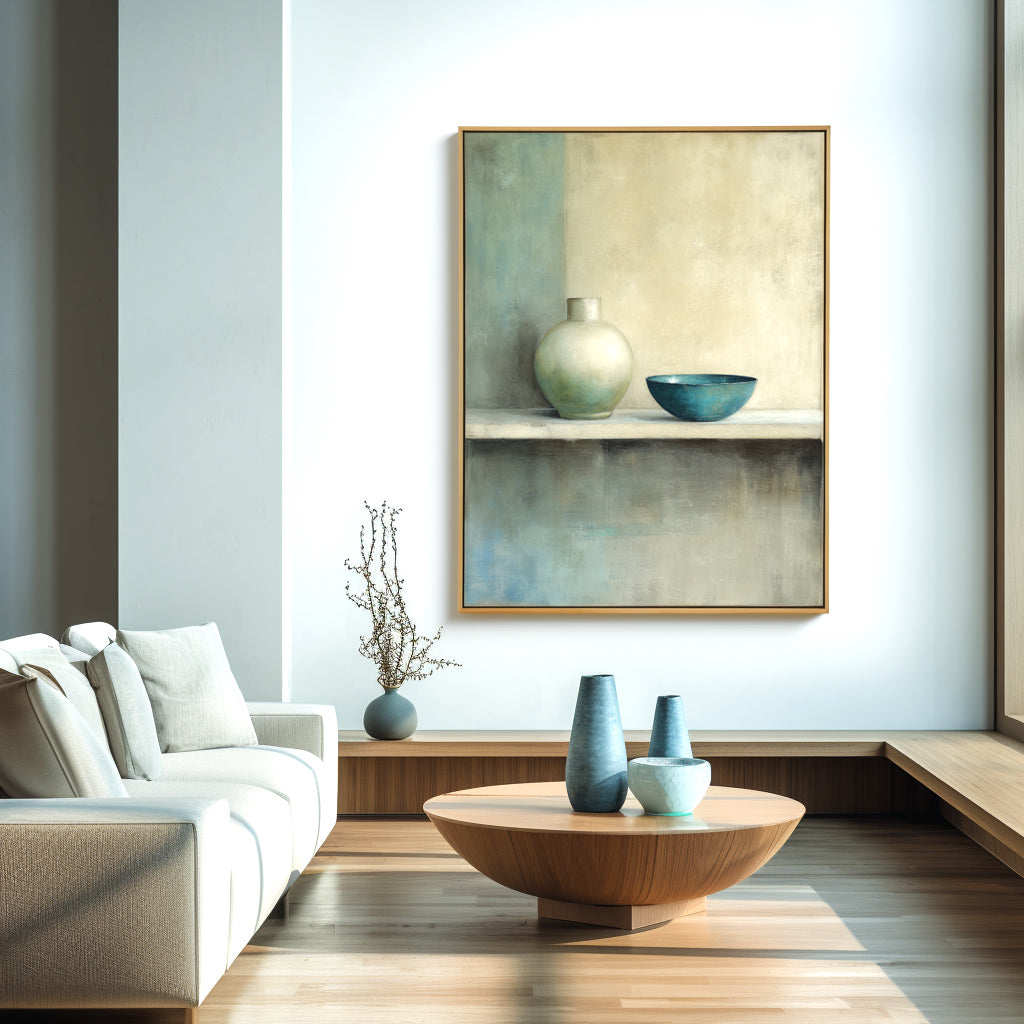 Minimalist still life painting featuring a green vase and blue bowl with soft background tones.