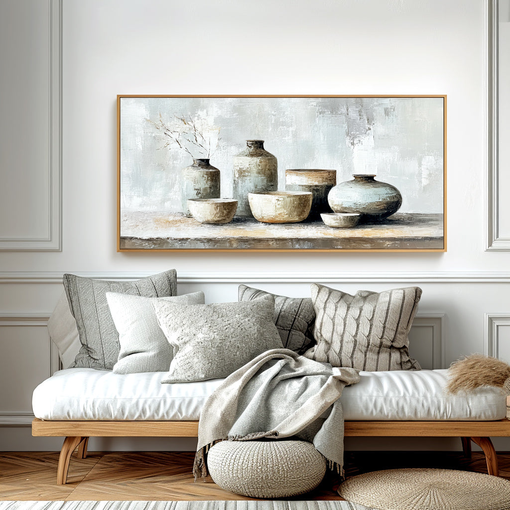 Still life painting of ceramic vases and bowls in neutral tones with a touch of dried grass.