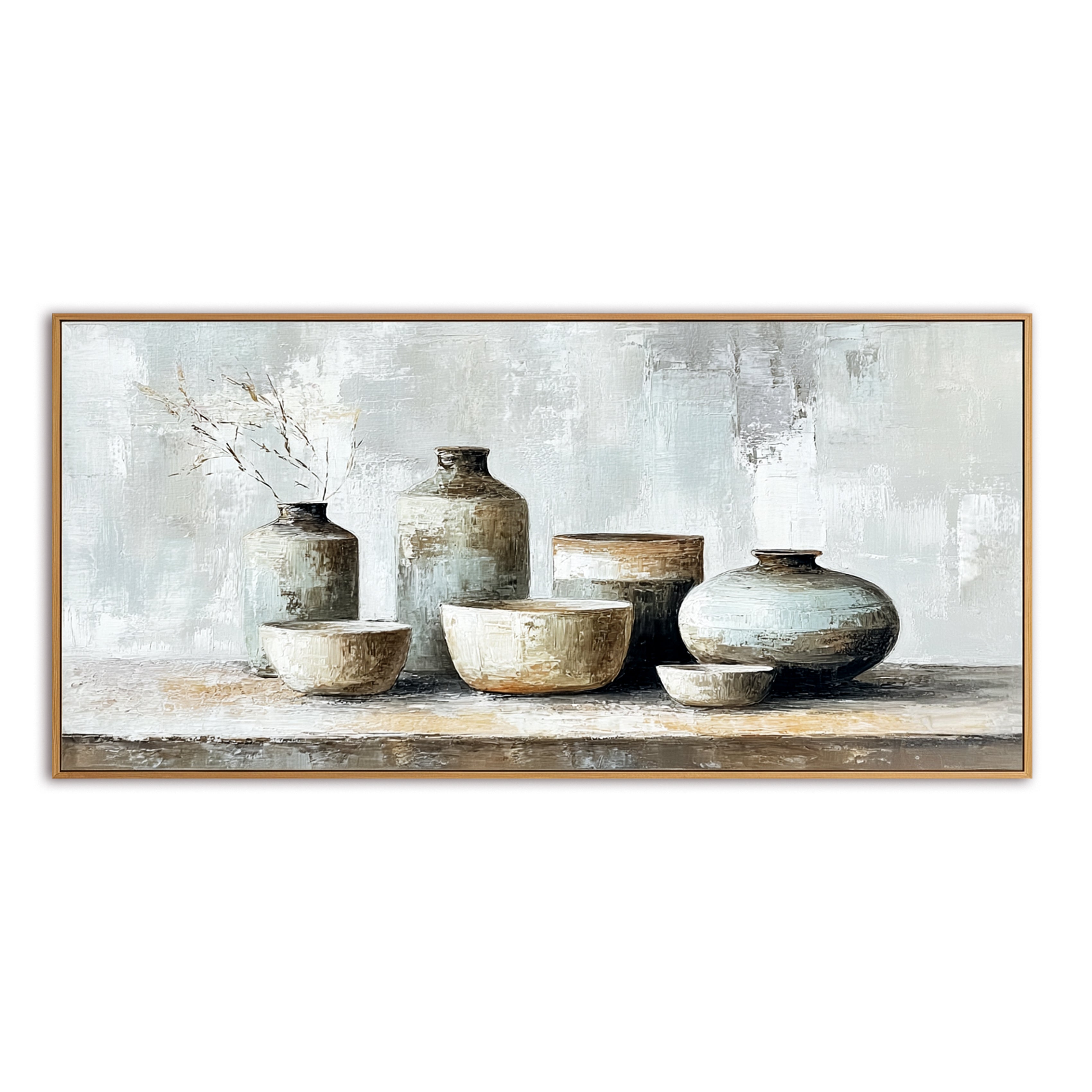 Still life painting of ceramic vases and bowls in neutral tones with a touch of dried grass.