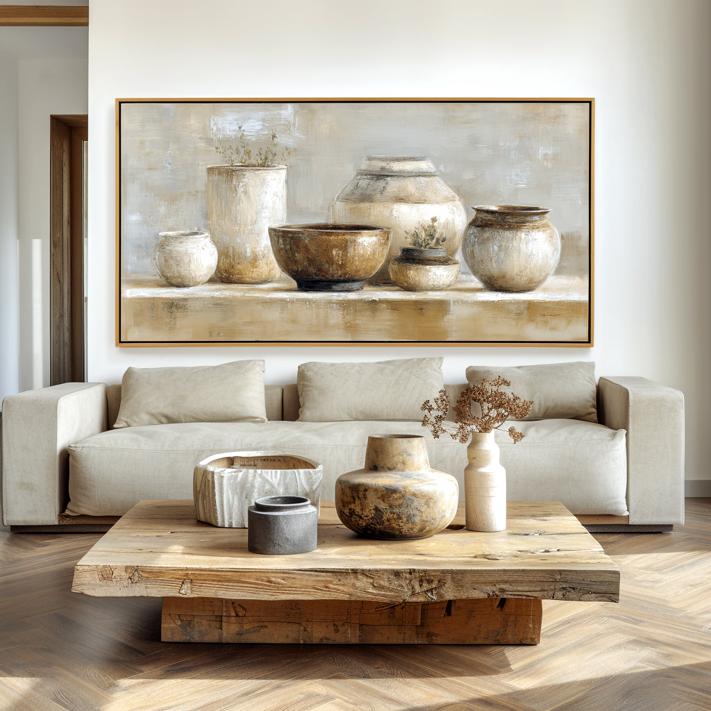 Still life painting featuring ceramic vases and pots in neutral tones with natural plant accents.