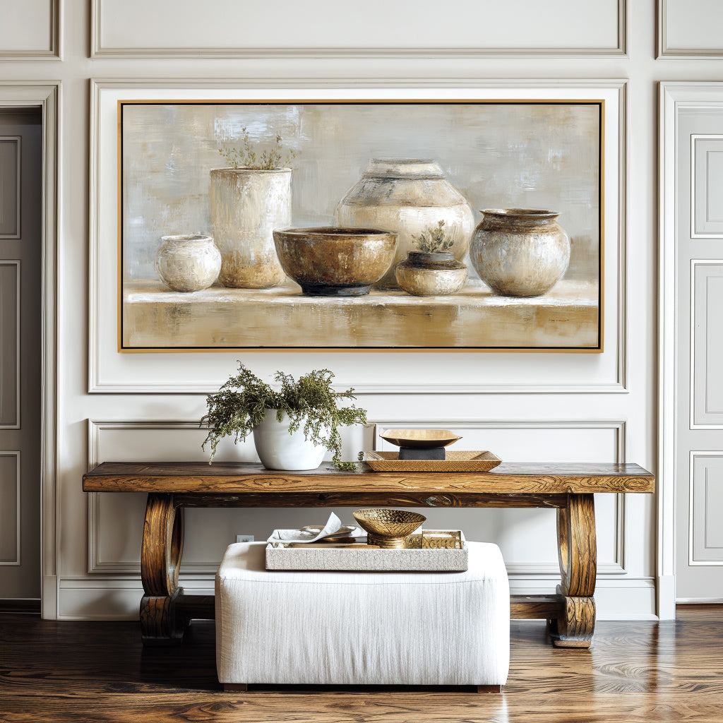 Still life painting featuring ceramic vases and pots in neutral tones with natural plant accents.