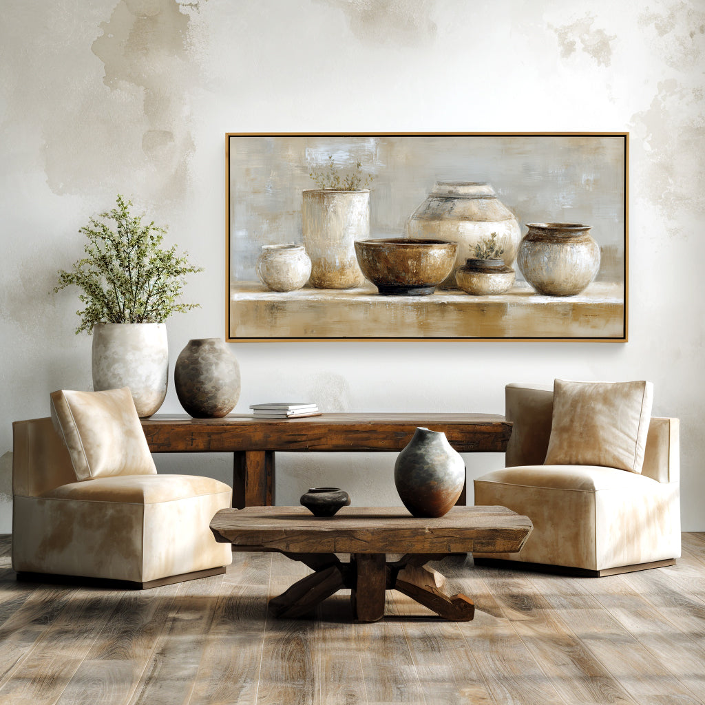 Still life painting featuring ceramic vases and pots in neutral tones with natural plant accents.