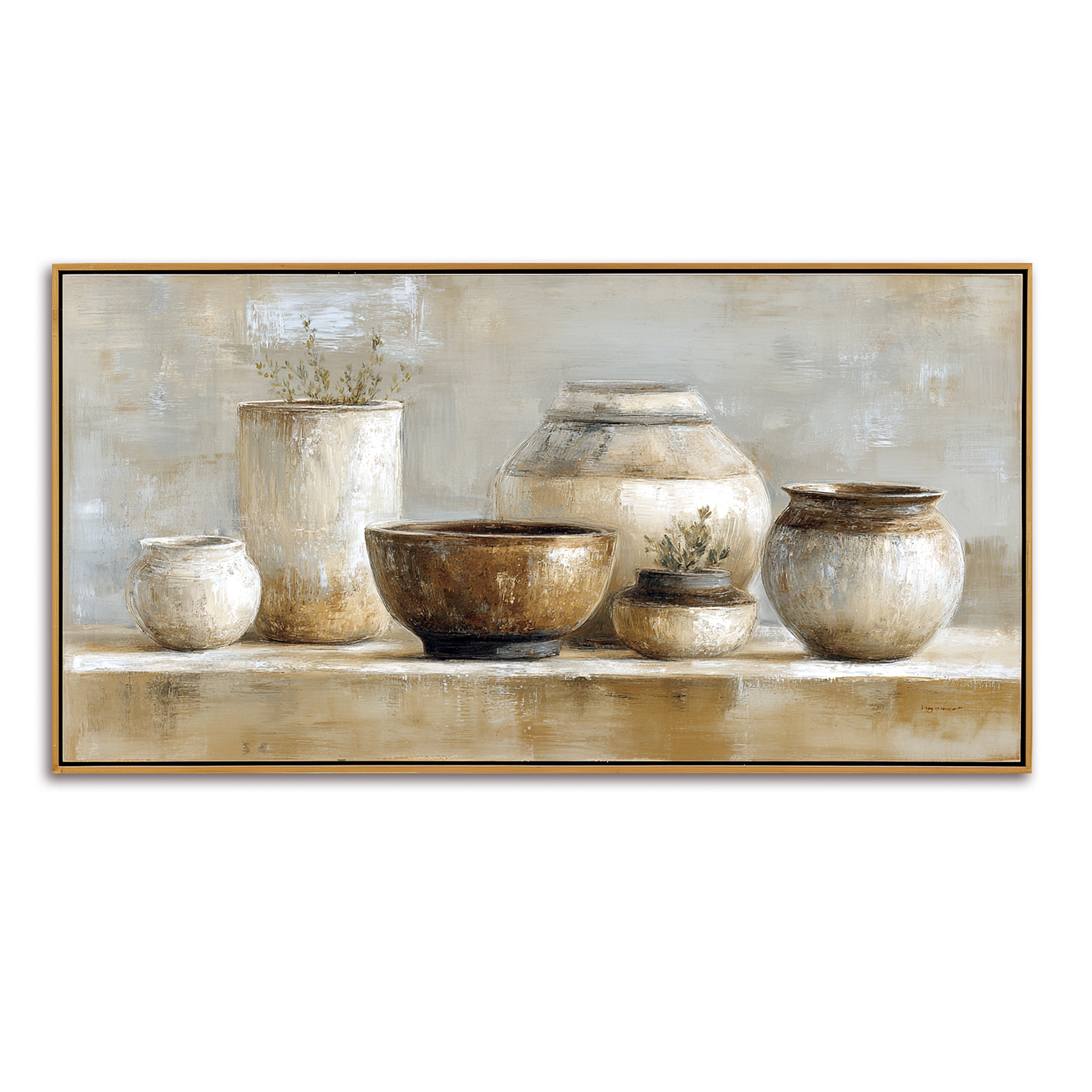 Still life painting featuring ceramic vases and pots in neutral tones with natural plant accents.