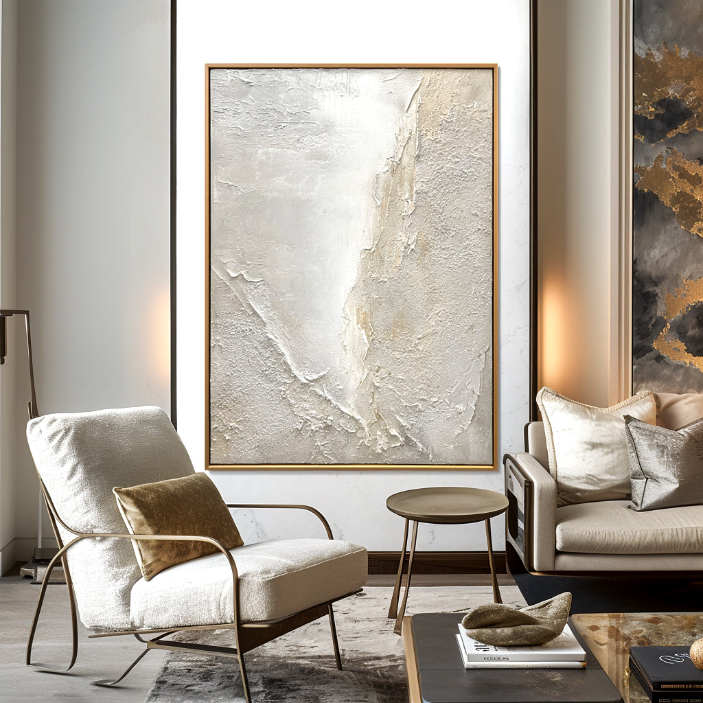 Abstract textured artwork in soft white and beige tones, with dynamic texture contrasts.