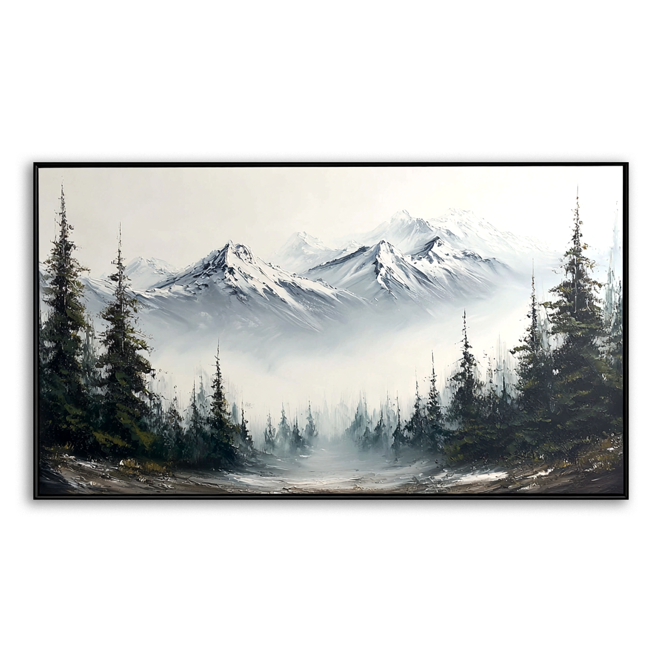 Mountain landscape painting with snow-capped peaks, mist, and pine trees.