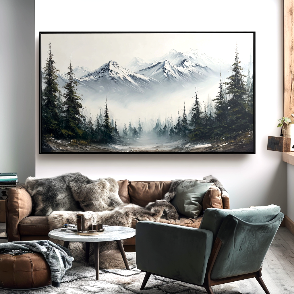 Mountain landscape painting with snow-capped peaks, mist, and pine trees.