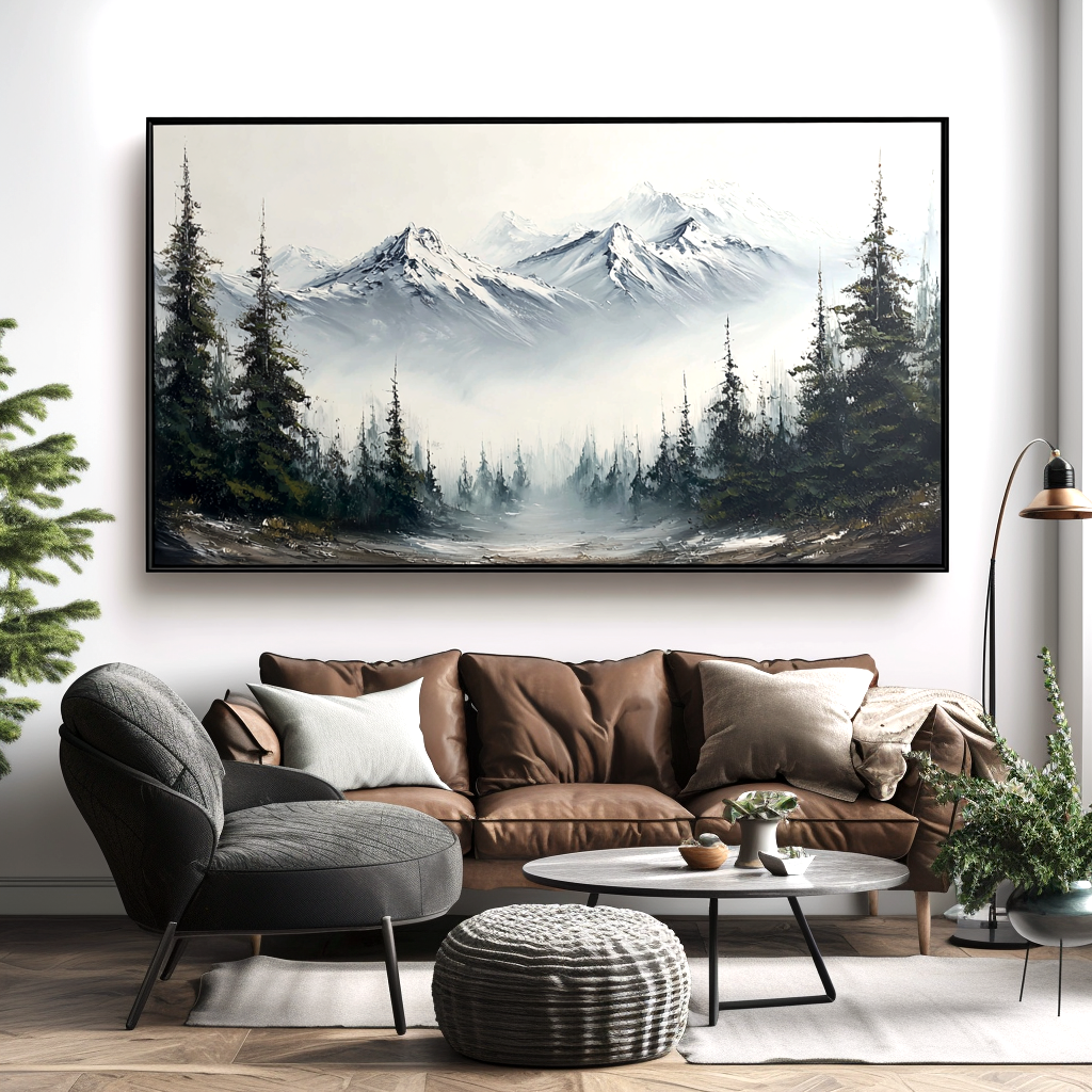 Mountain landscape painting with snow-capped peaks, mist, and pine trees.