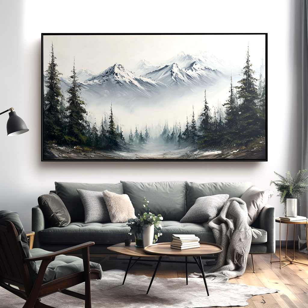 Mountain landscape painting with snow-capped peaks, mist, and pine trees.