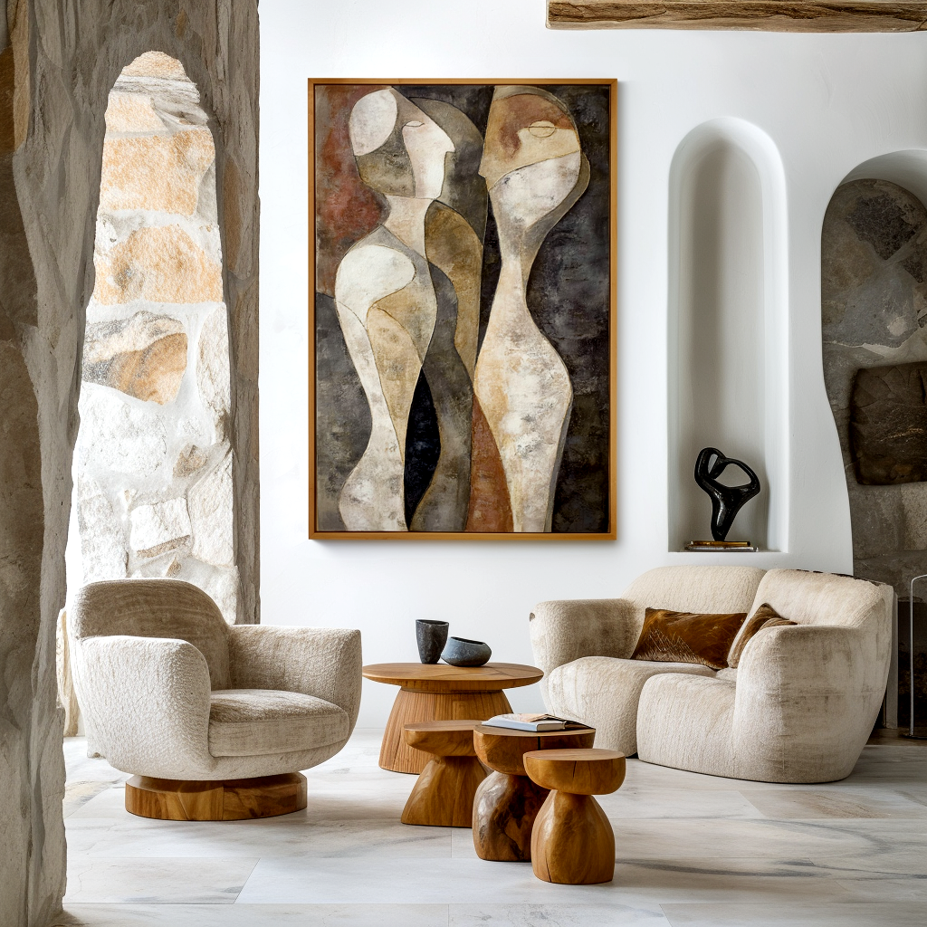 Abstract artwork of two minimalist figures in earthy tones, symbolizing connection.