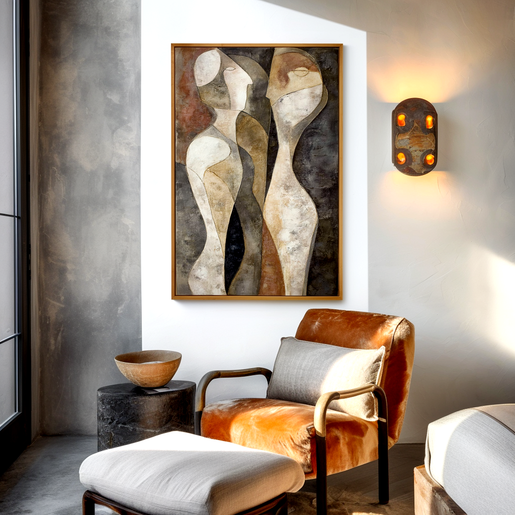 Abstract artwork of two minimalist figures in earthy tones, symbolizing connection.