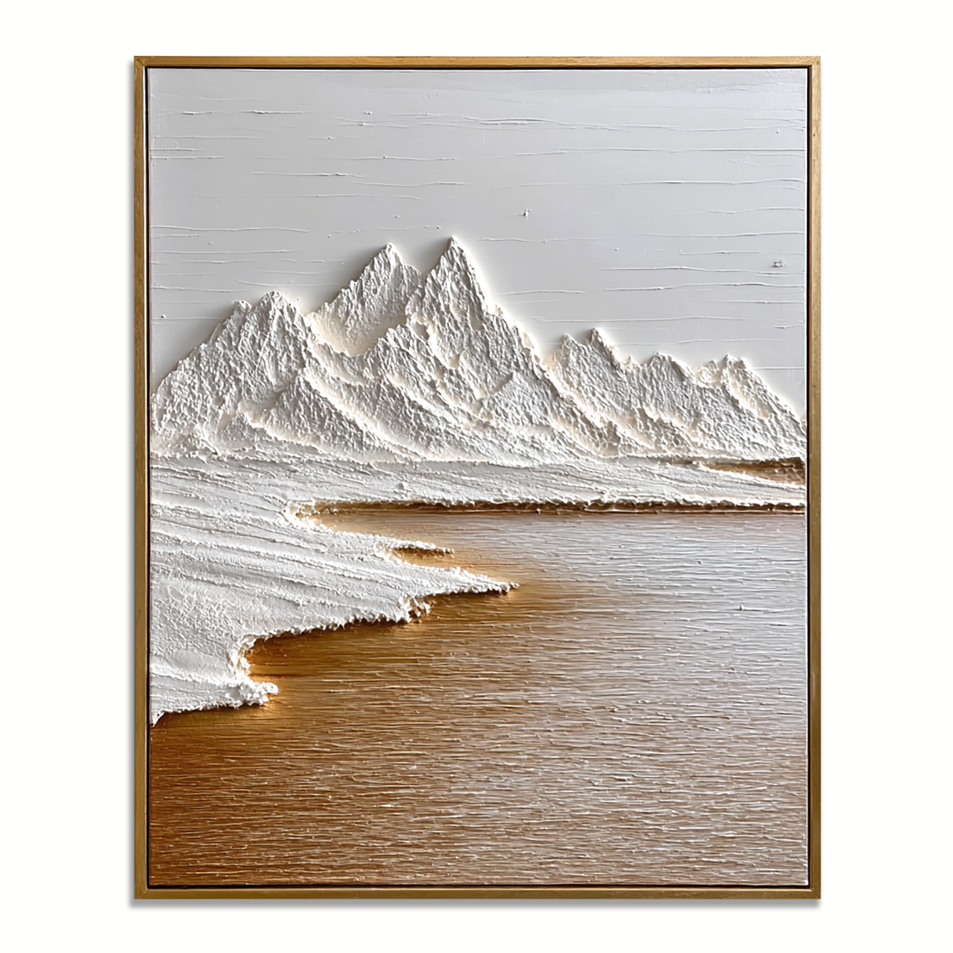 Textured mountain landscape art with white snow-capped peaks and earthy brown lake tones.