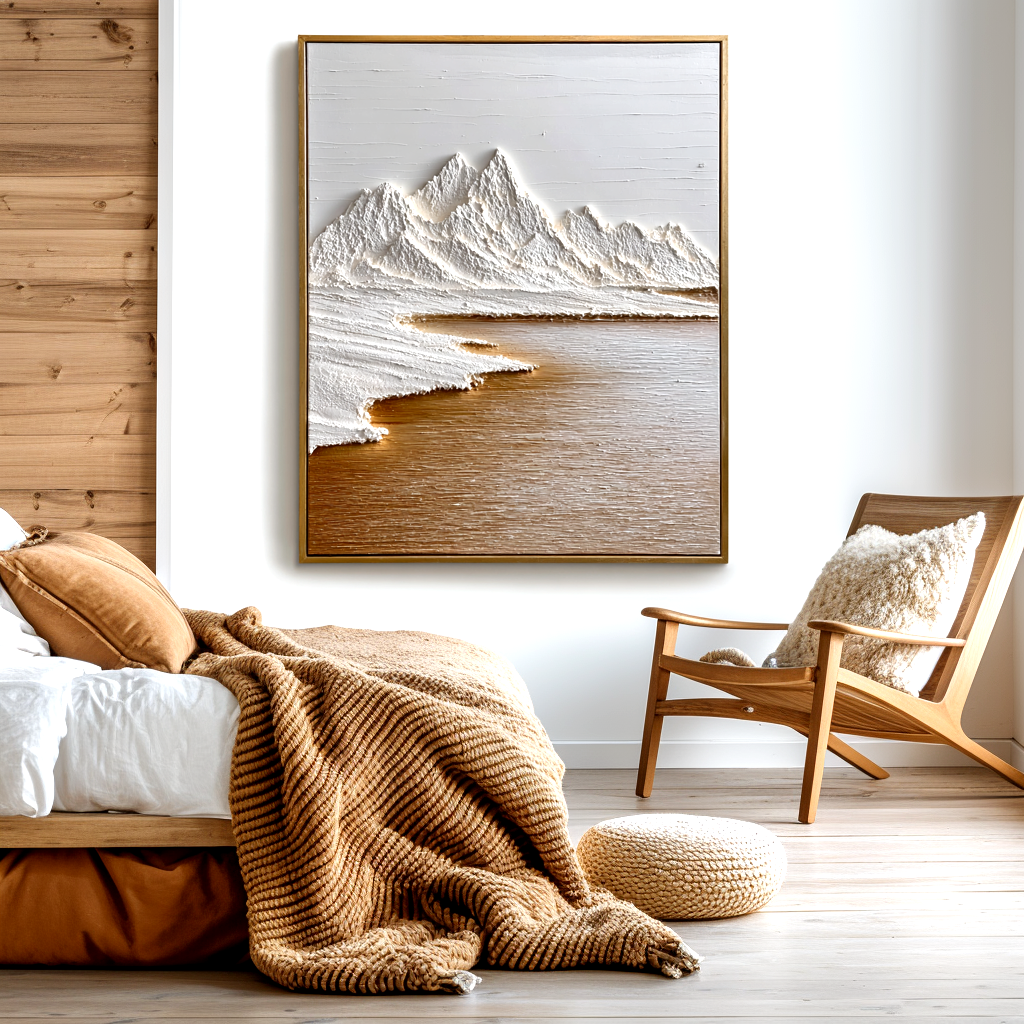 Textured mountain landscape art with white snow-capped peaks and earthy brown lake tones.