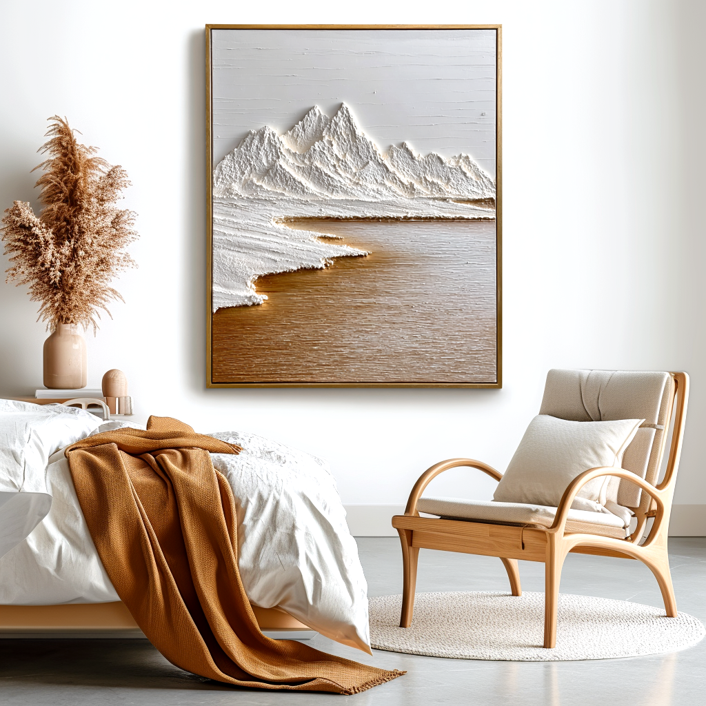 Textured mountain landscape art with white snow-capped peaks and earthy brown lake tones.