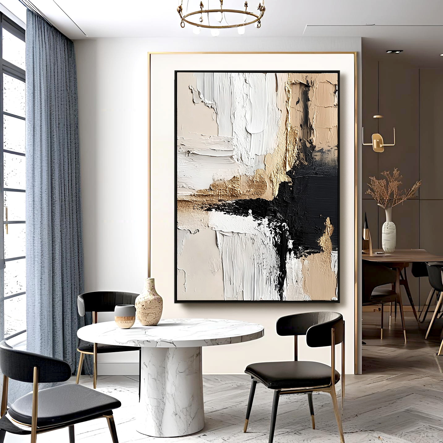 Abstract textured painting with black, white, and gold tones, creating a modern, minimalist composition.