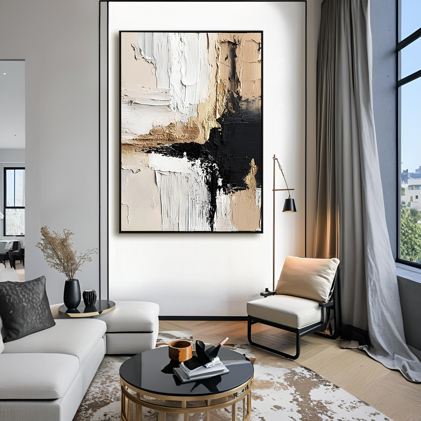 Abstract textured painting with black, white, and gold tones, creating a modern, minimalist composition.