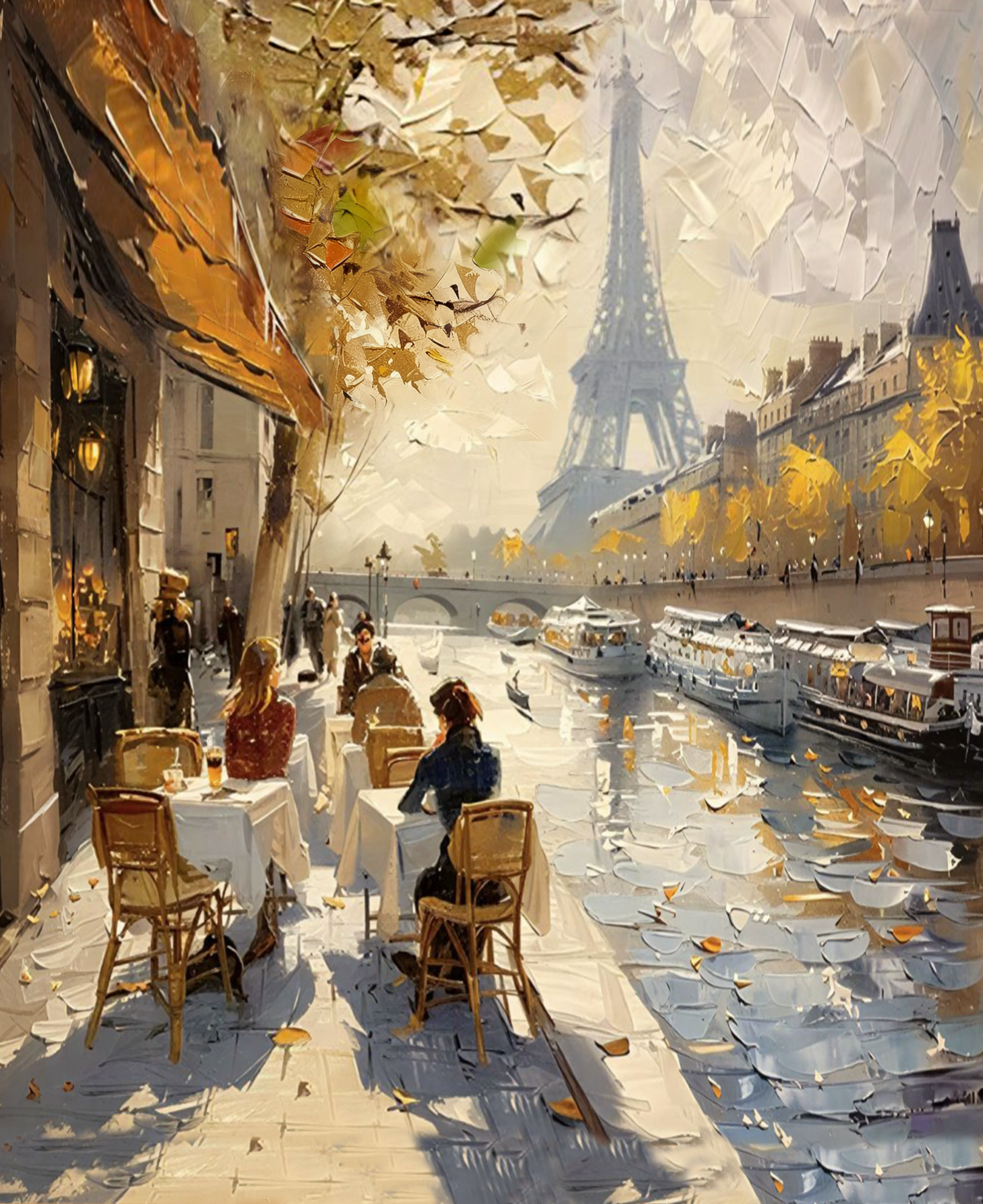 Fall in Seine Riverfront Afternoon Textured Painting