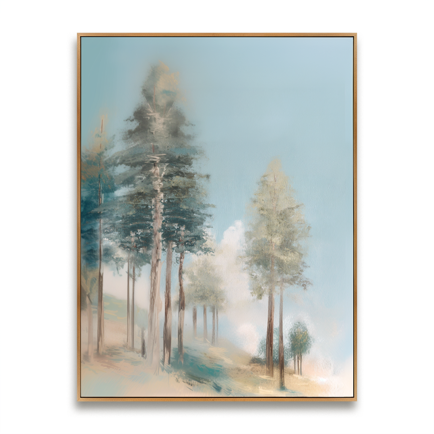 misty forest landscape painting with tall trees and soft morning light
