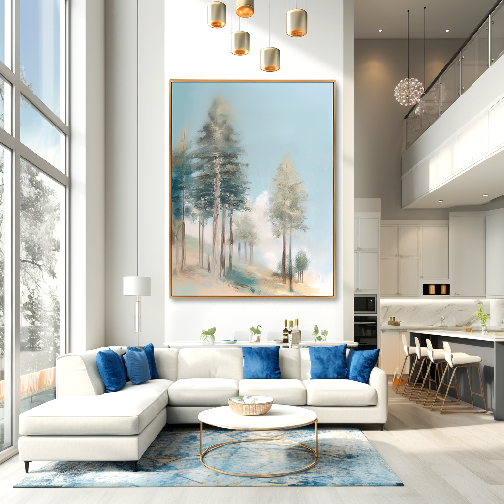 misty forest landscape painting with tall trees and soft morning light