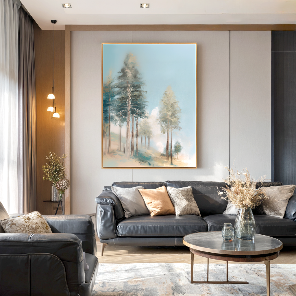 misty forest landscape painting with tall trees and soft morning light