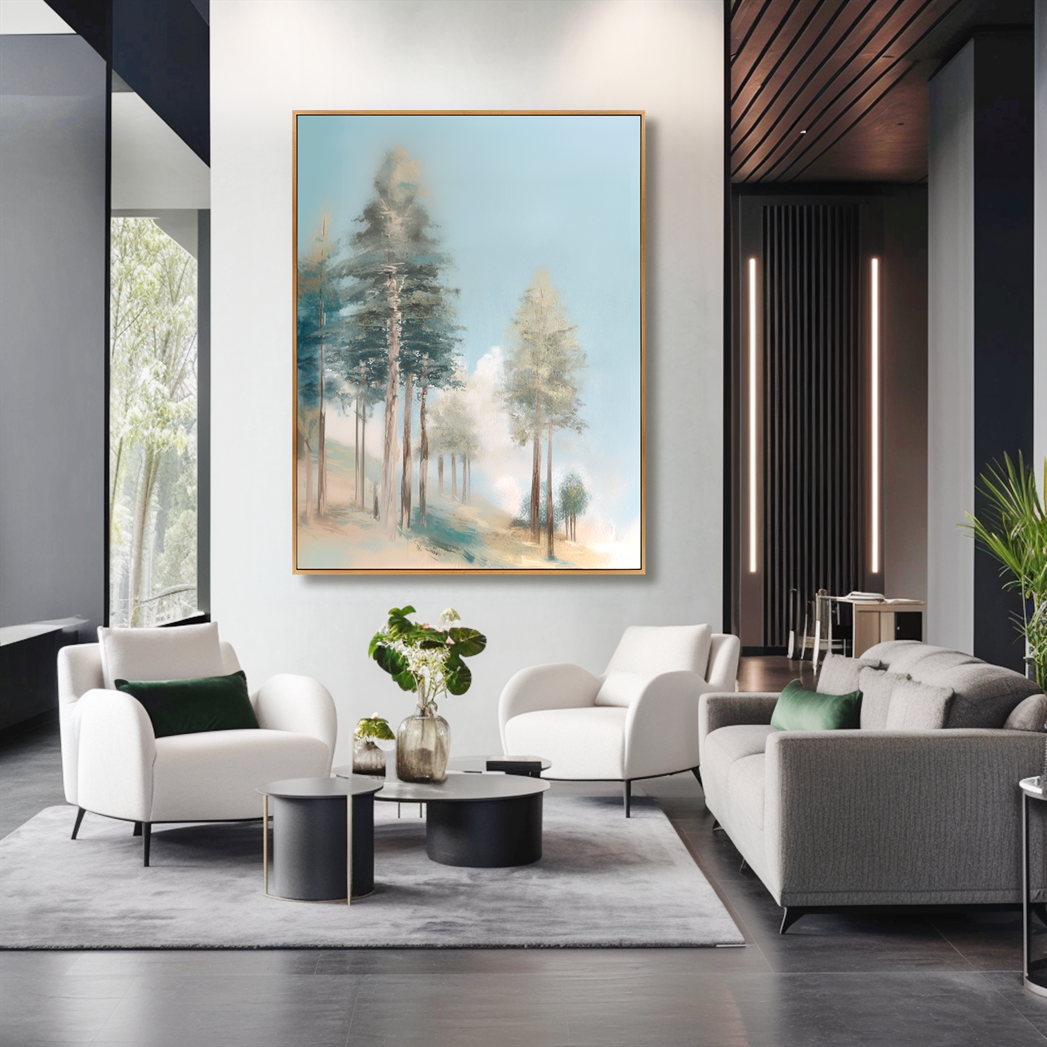 misty forest landscape painting with tall trees and soft morning light