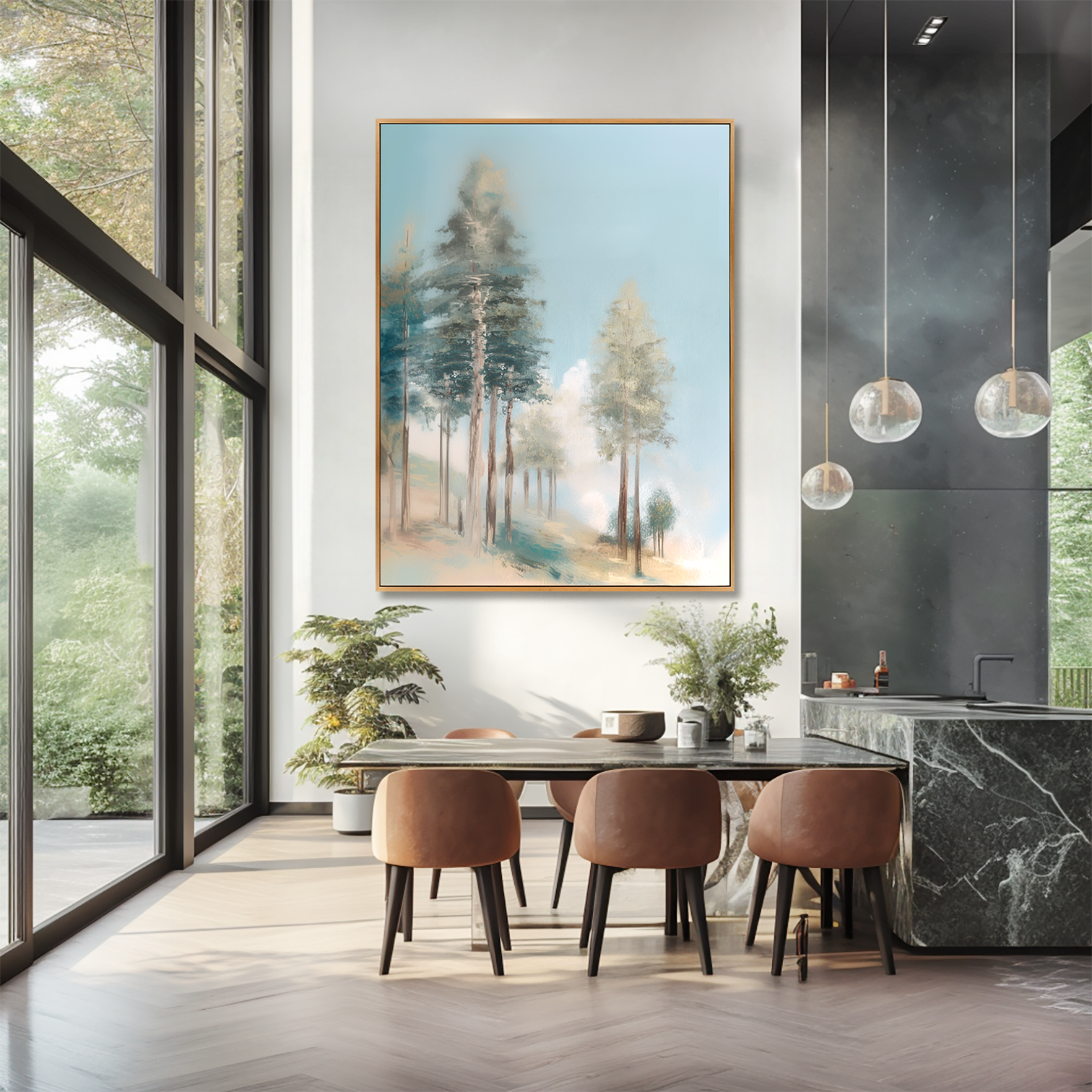 misty forest landscape painting with tall trees and soft morning light