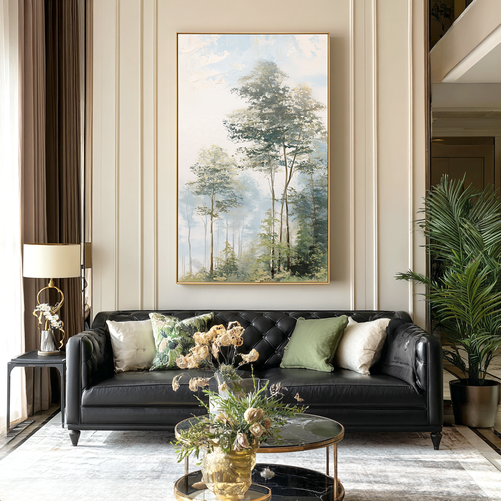 peaceful woodland landscape painting with tall trees and soft light