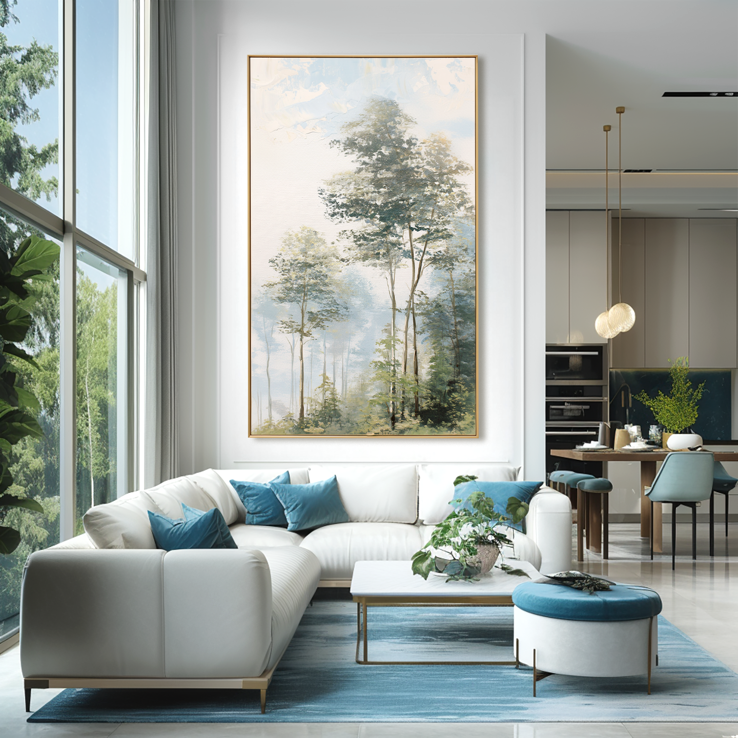 peaceful woodland landscape painting with tall trees and soft light