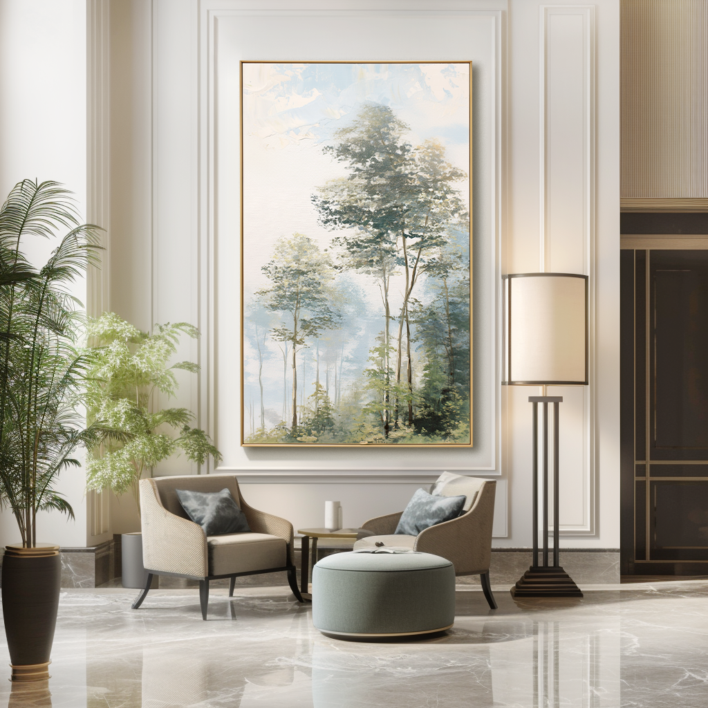 peaceful woodland landscape painting with tall trees and soft light