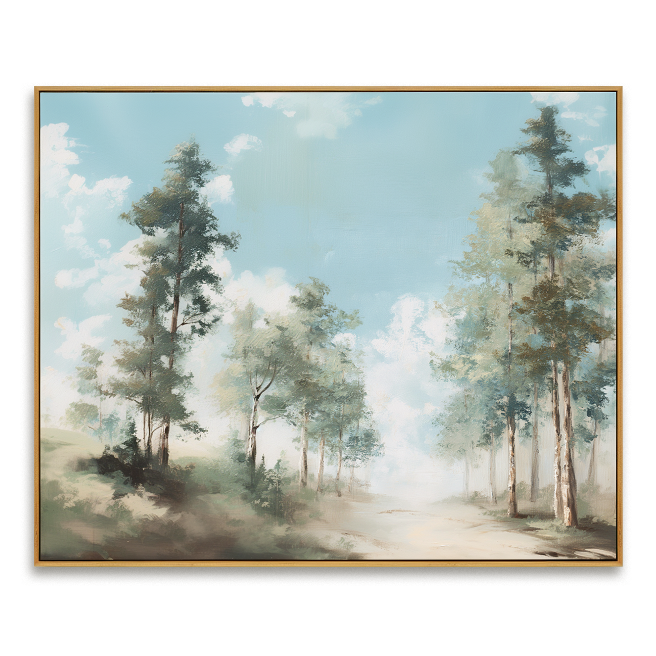 sunlit forest path landscape painting with tall trees and blue sky
