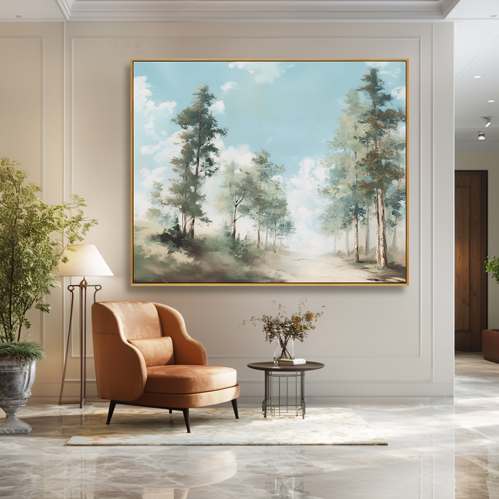 sunlit forest path landscape painting with tall trees and blue sky