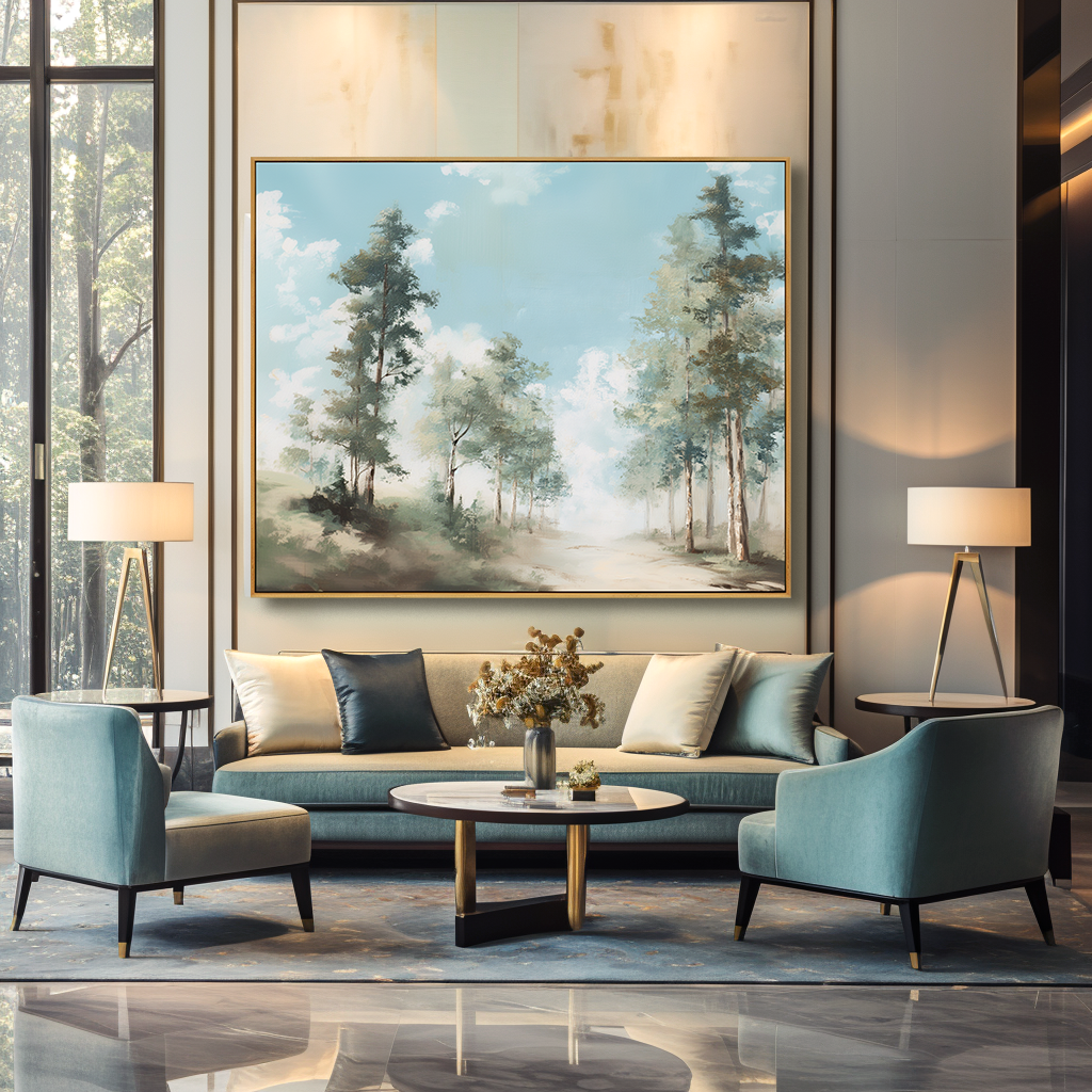 sunlit forest path landscape painting with tall trees and blue sky